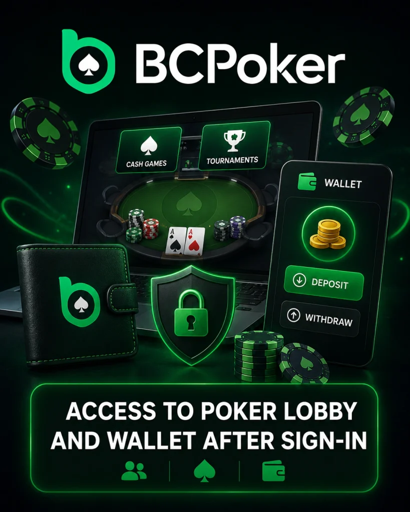 BCPoker lobby and wallet access after sign-in cash games, tournaments, deposit and withdraw