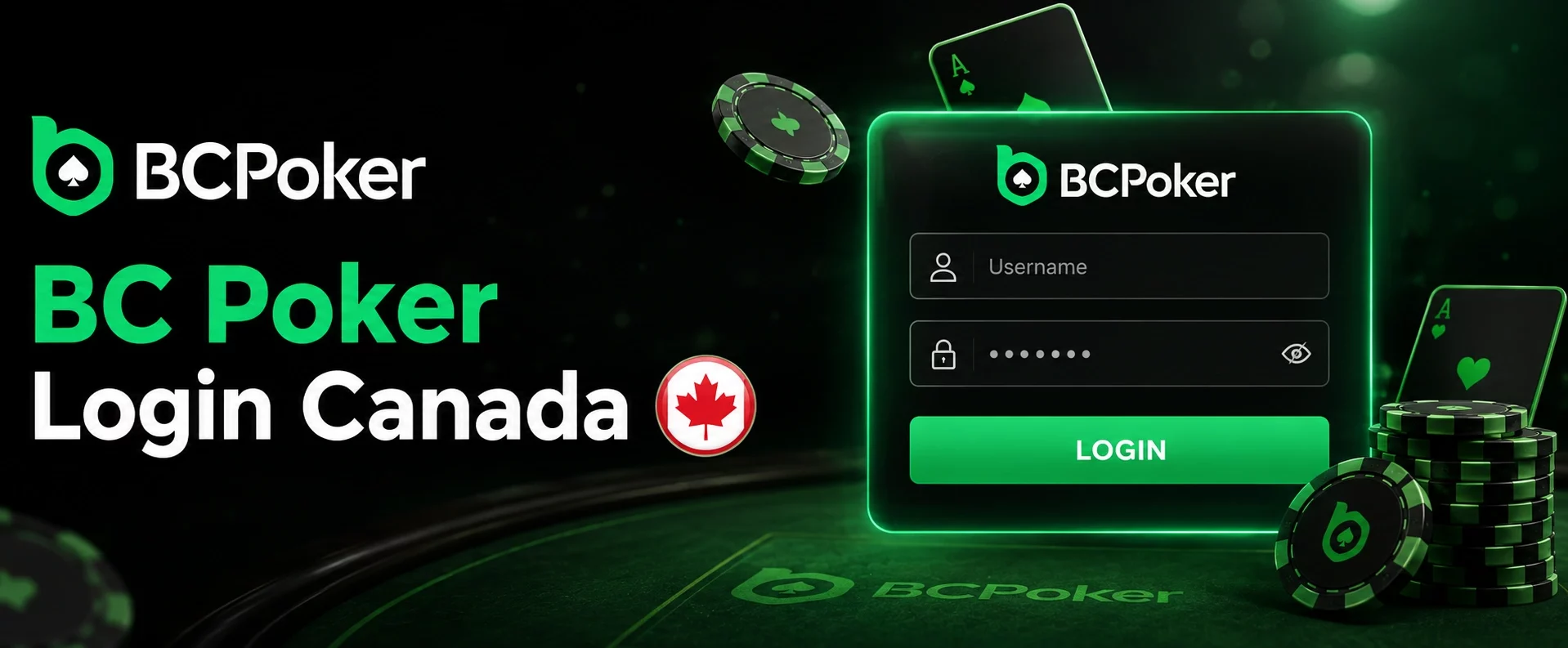 BC Poker login Canada with a BCPoker login form, logo, poker chips, and Canadian flag.