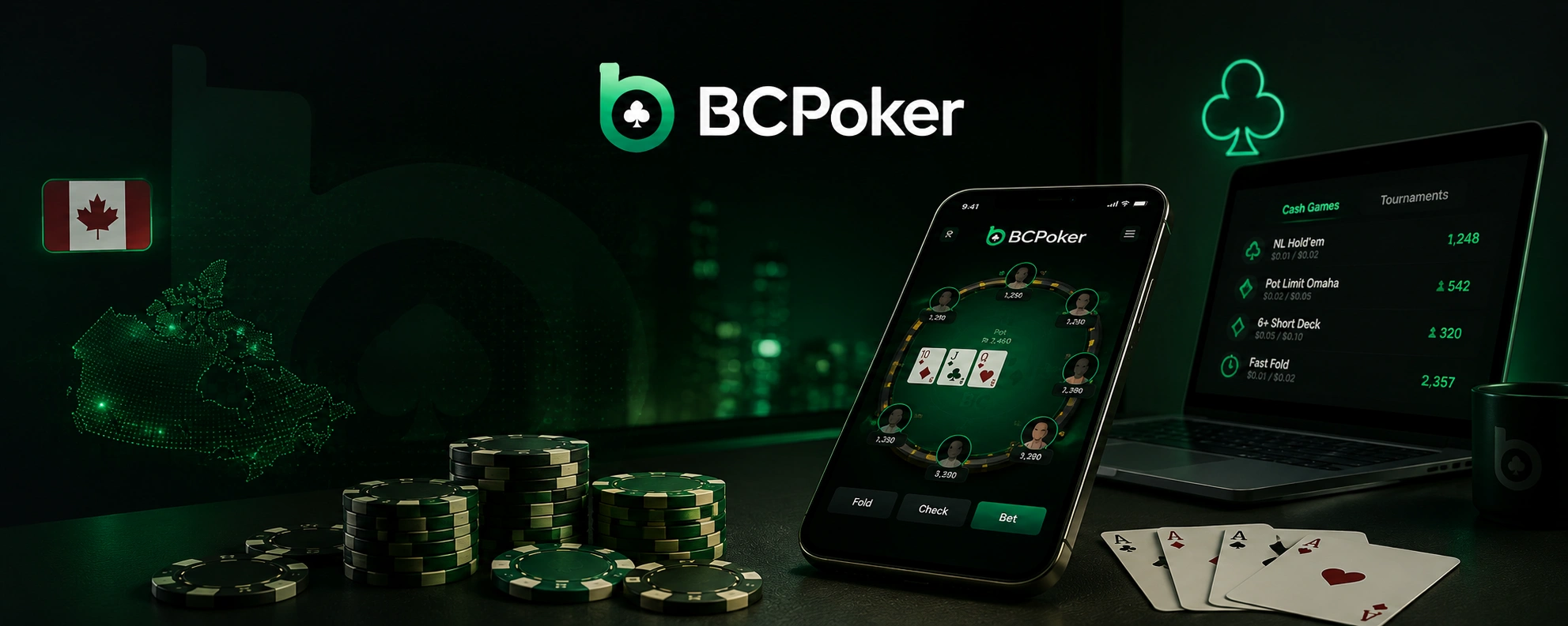 BCPoker online poker in Canada with mobile app, poker chips, playing cards and Canadian flag