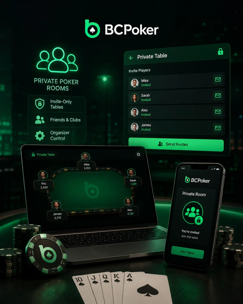 BCPoker private poker room with invite-only tables, friends, poker chips and mobile app