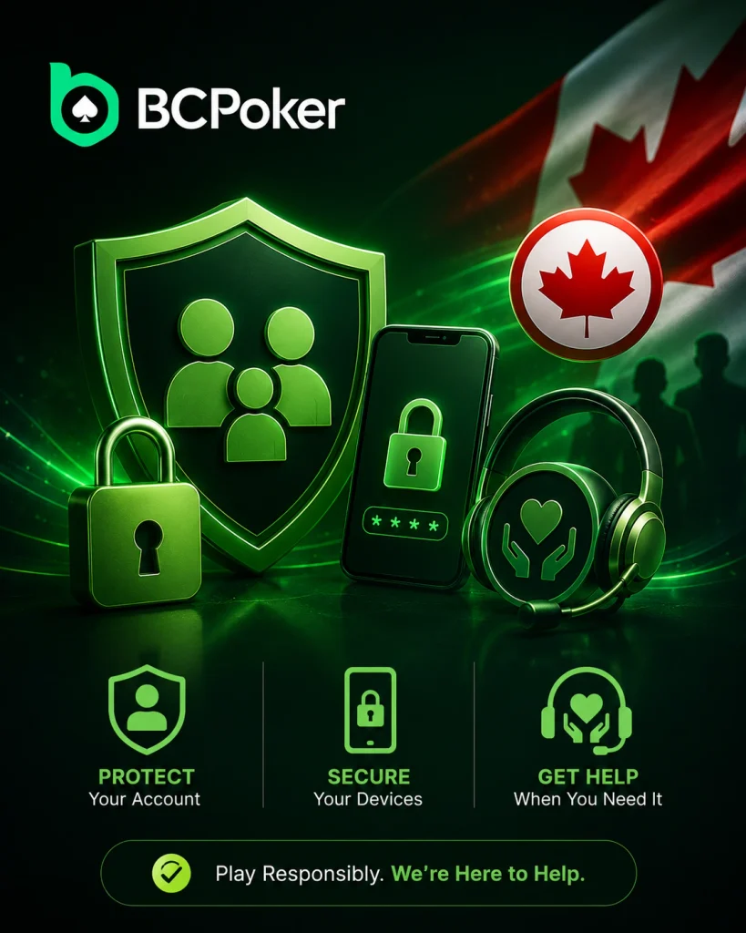 BCPoker responsible gaming support graphic with a Canadian flag