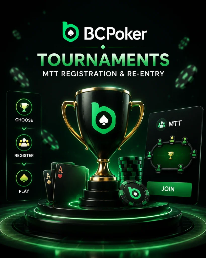 BCPoker MTT tournaments with poker trophy and chips