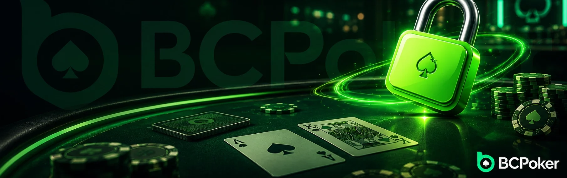 banner with a neon green padlock, poker table, playing cards, casino chips, and glowing green lighting in a dark casino setting