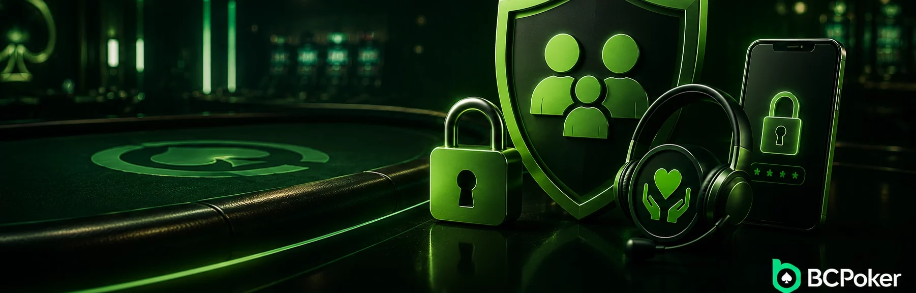 BCpoker responsible gaming banner with account protection, secure devices, customer support headset, and a dark green casino background