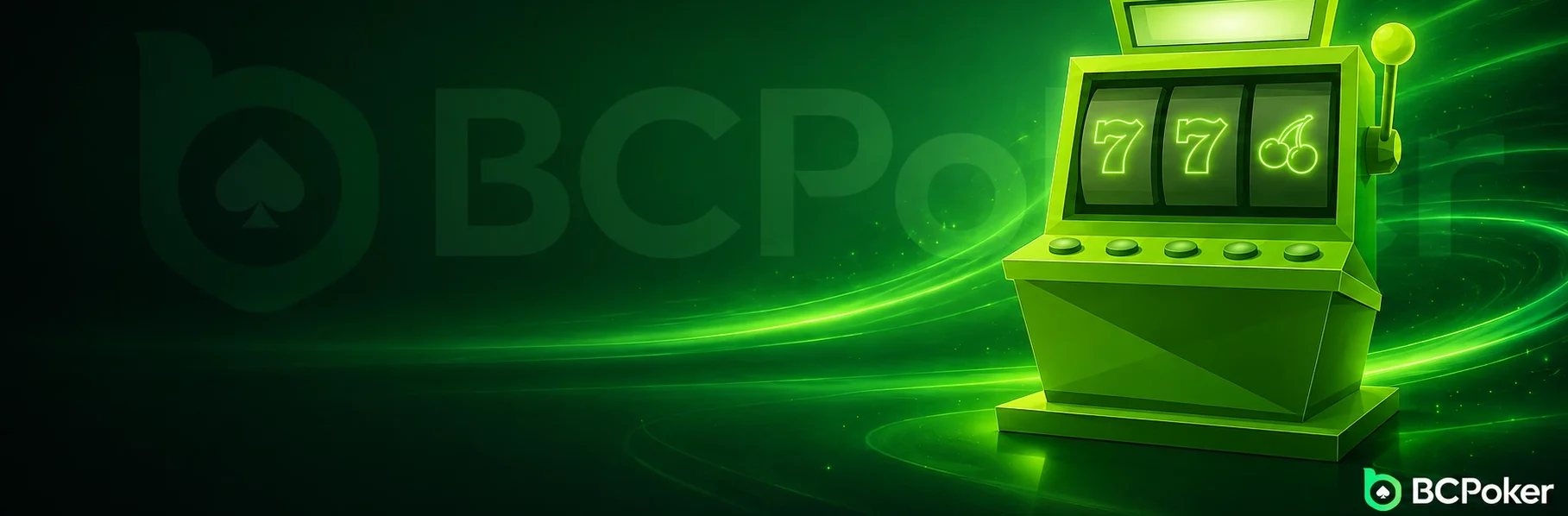 BCpoker room page banner with a neon green slot machine, glowing casino lights, and a dark green poker-themed background